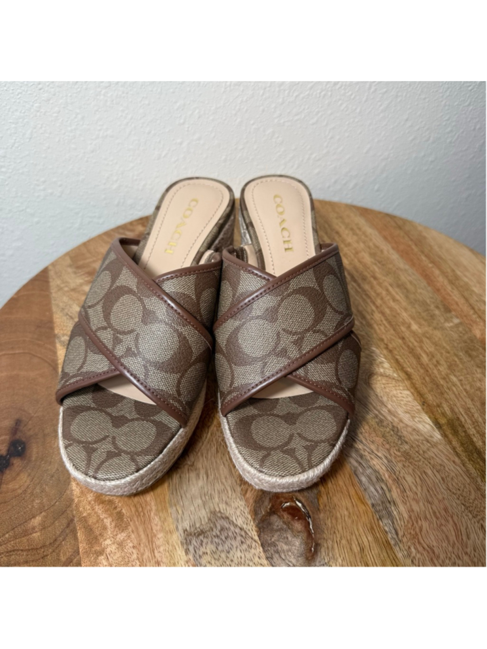 Women's Coach Brown Monogram Espadrille Wedge Sandals 6.5 - Picture 4 of 9